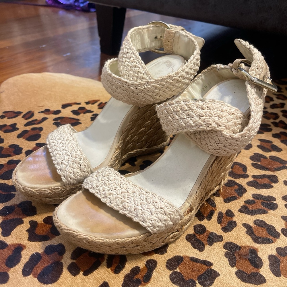 Stuart Weitzman Beige Woven Wedge Sandals